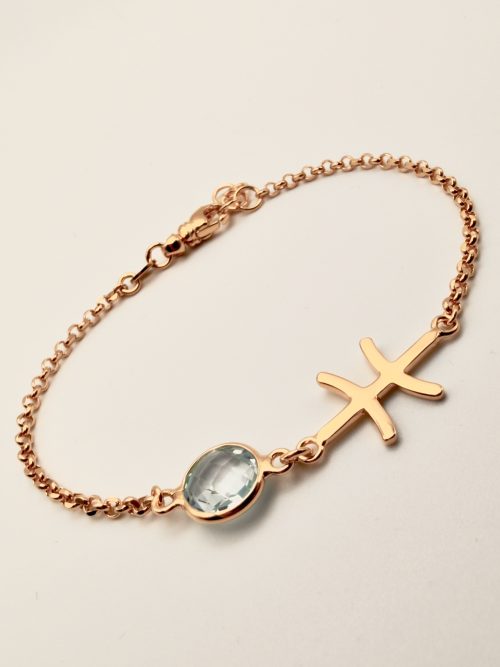 Bracciale argento 925 placcato oro con segno zodiacale dei pesci e quarzo naturale topazio azzurro, lavorato a mano da WB Oro Gioielli Laboratorio Orafo a Mirano
