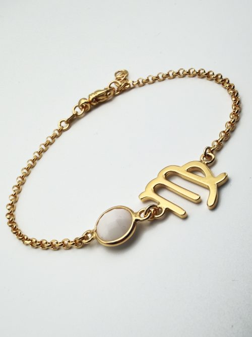 Bracciale argento 925 placcato oro con segno zodiacale della Vergine e quarzo naturale agata bianca, lavorato a mano da WB Oro Gioielli Laboratorio Orafo a Mirano