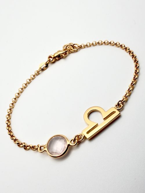 Bracciale argento 925 placcato oro con segno zodiacale della Bilancia e quarzo naturale quarzo rosa, lavorato a mano da WB Oro Gioielli Laboratorio di Arte Orafa
