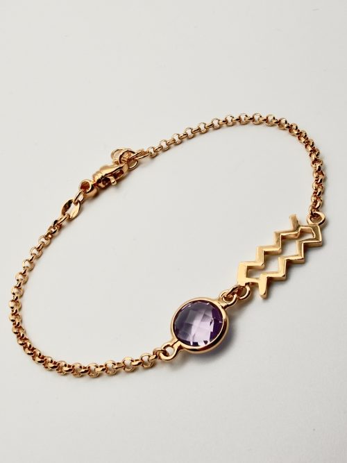 Bracciale argento 925 placcato oro con segno zodiacale dell'acquario e quarzo naturale ametista, lavorato a mano da WB Oro Gioielli Laboratorio Orafo a Mirano, un laboratorio orafo artigianale aperto dal 1984